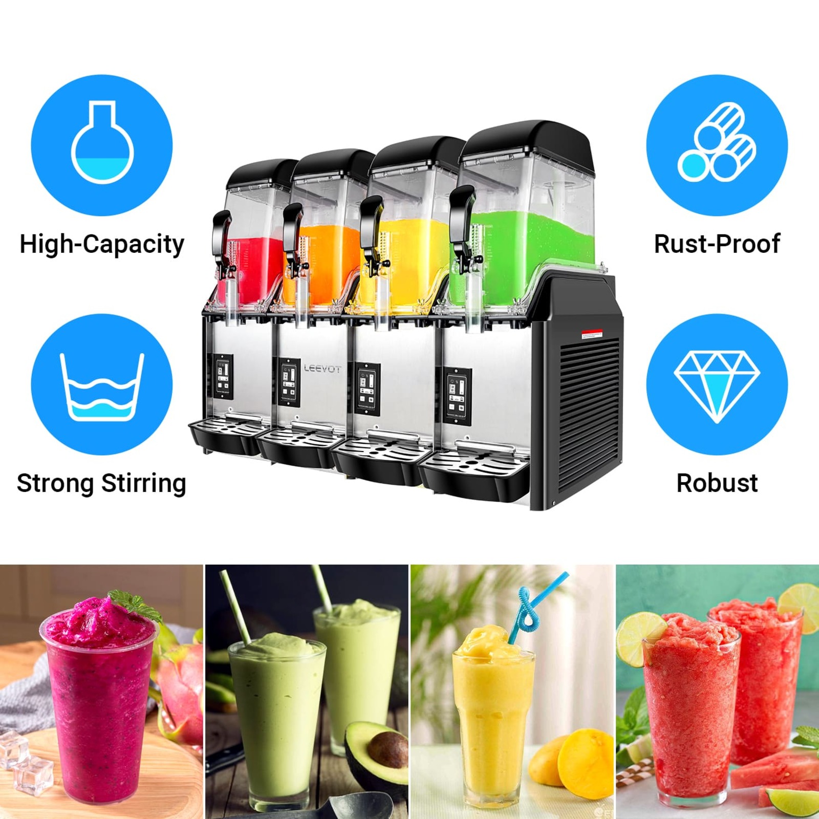 LEEVOT Quadruple Tank 3.2 Gallon Commercial Slushy Machine - Frozen Beverage Dispenser for Bars, Restaurants, and Parties