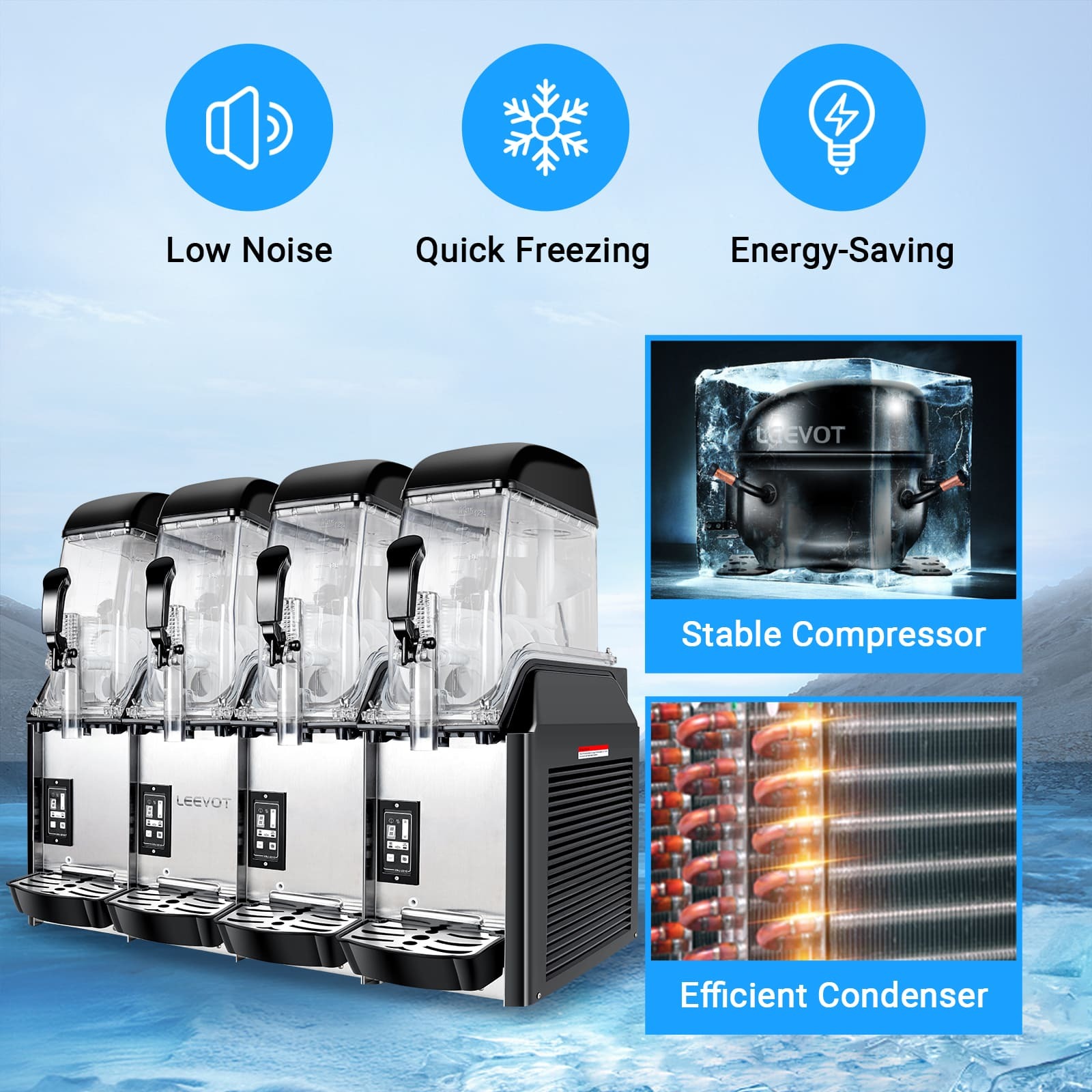 LEEVOT Quadruple Tank 3.2 Gallon Commercial Slushy Machine - Frozen Beverage Dispenser for Bars, Restaurants, and Parties