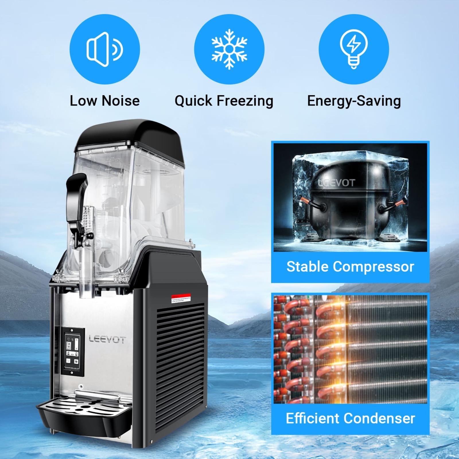 LEEVOT 3.2-Gallon Single-Tank Commercial Slushy Machine - Frozen Beverage Dispenser