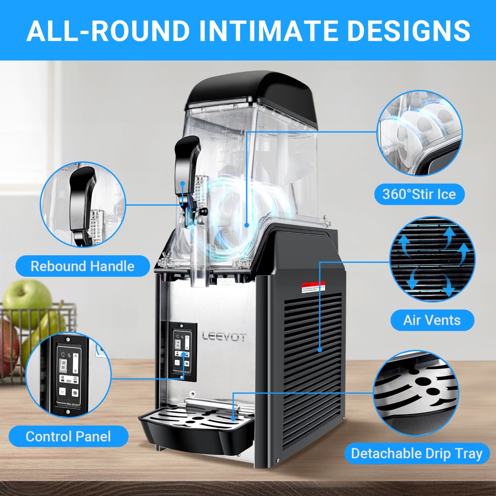 LEEVOT 3.2-Gallon Single-Tank Commercial Slushy Machine - Frozen Beverage Dispenser