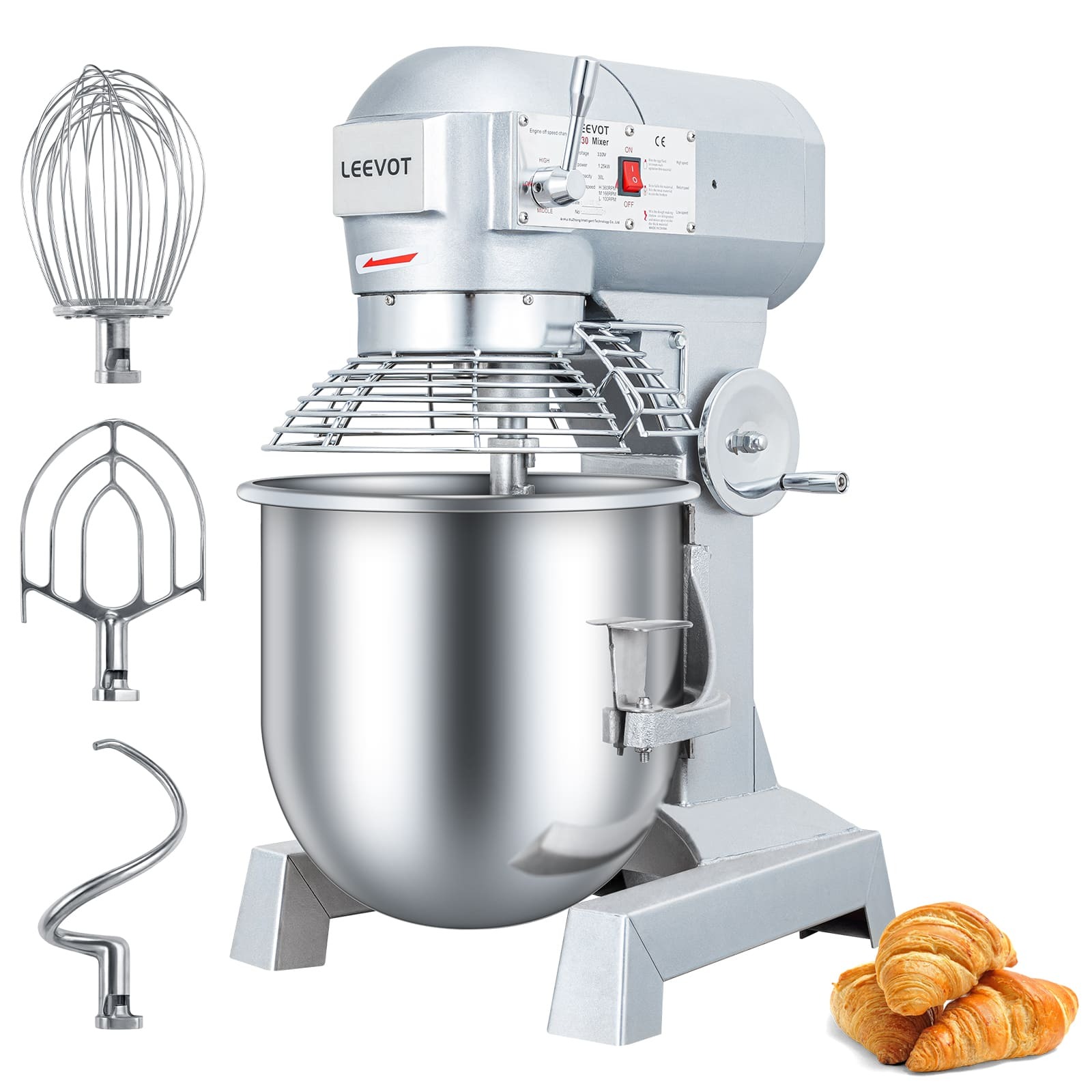 Leevot Main Street Equipment 30L Planetary Floor Mixer - Precision Timing, 1250W Power, Heavy Duty Electric Mixer for Bakery Pizzeria