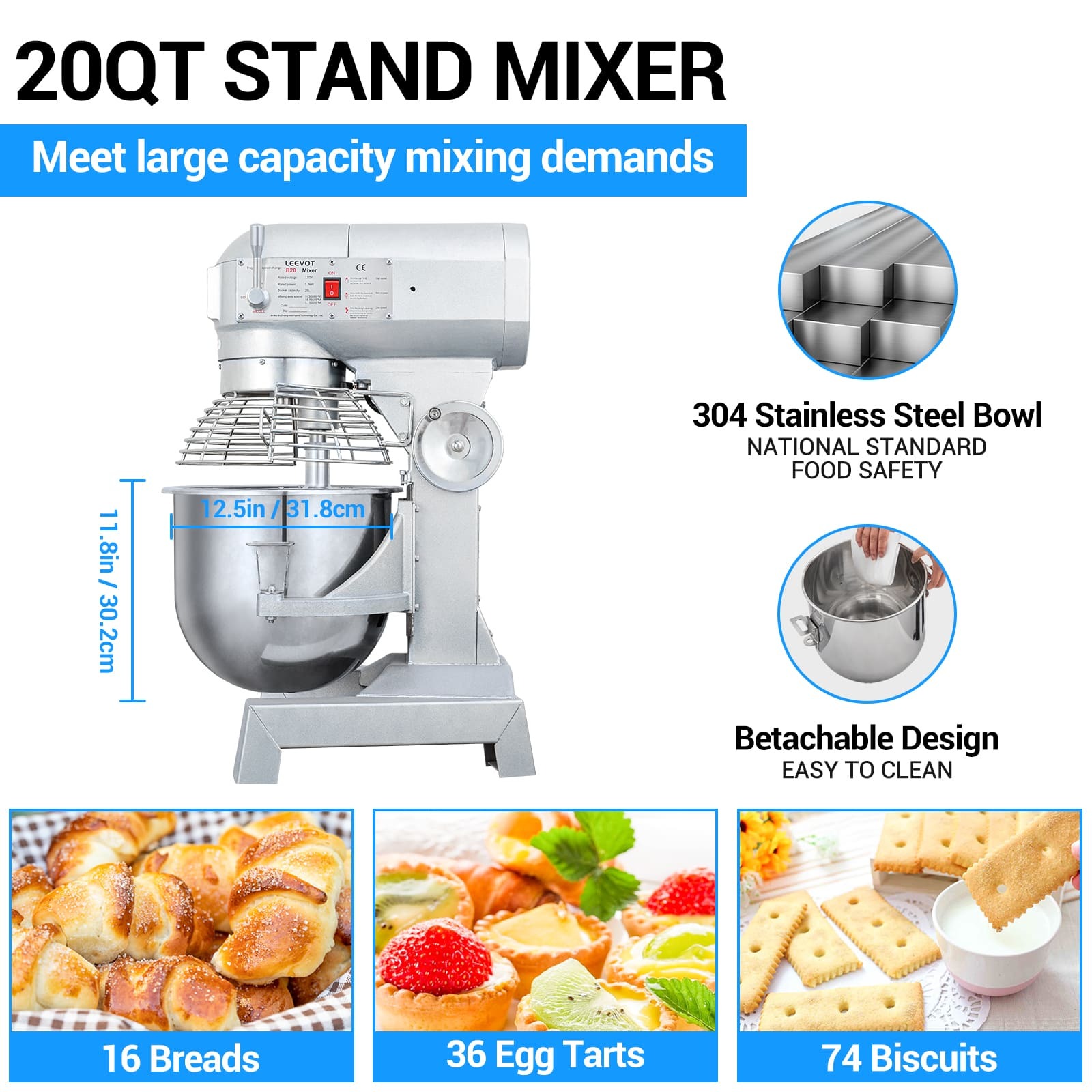 Leevot B20 professional Stand Mixer - Timing Function, Heavy Duty Electric Stand Mixer with Guard & Standard Accessories