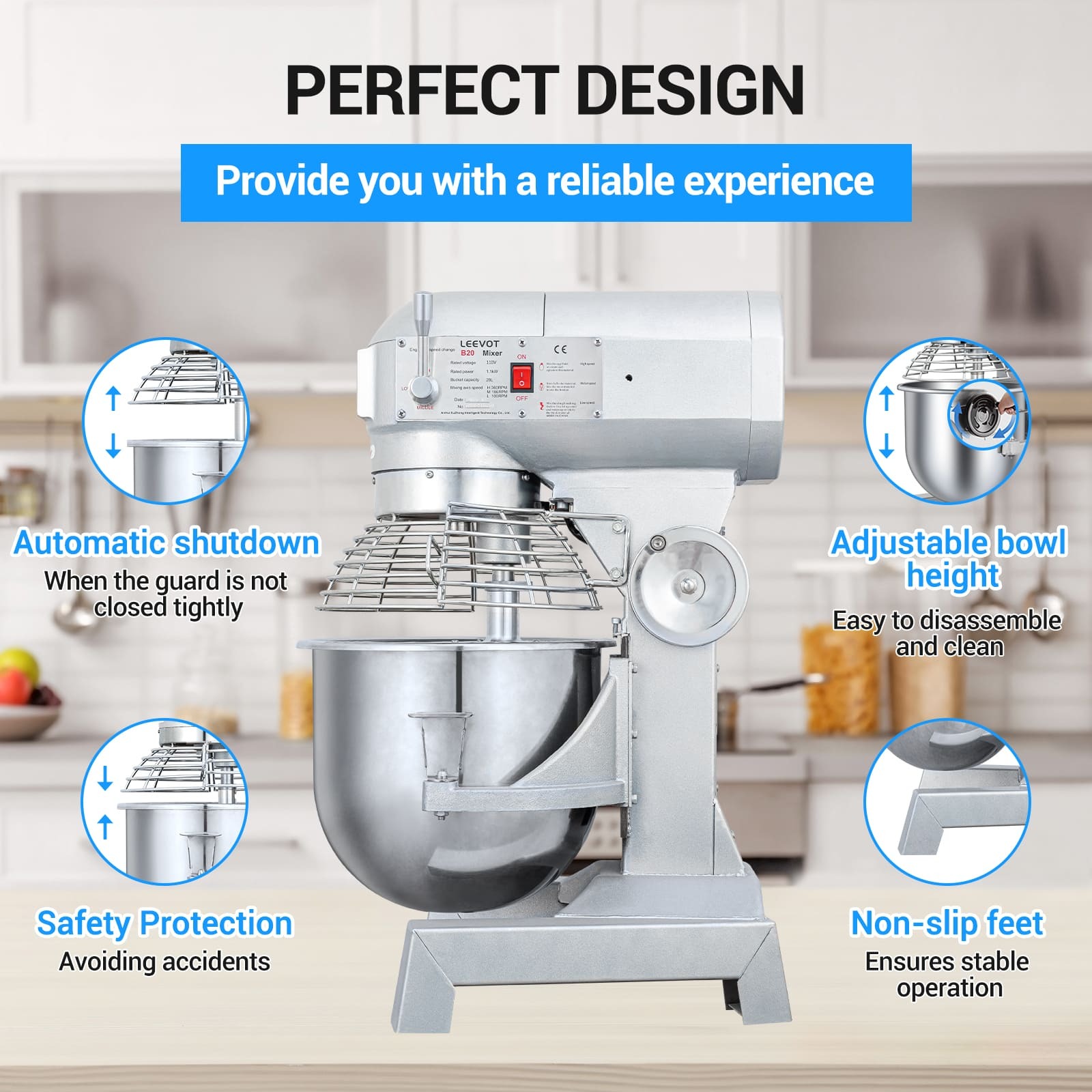 Leevot B20 professional Stand Mixer - Timing Function, Heavy Duty Electric Stand Mixer with Guard & Standard Accessories