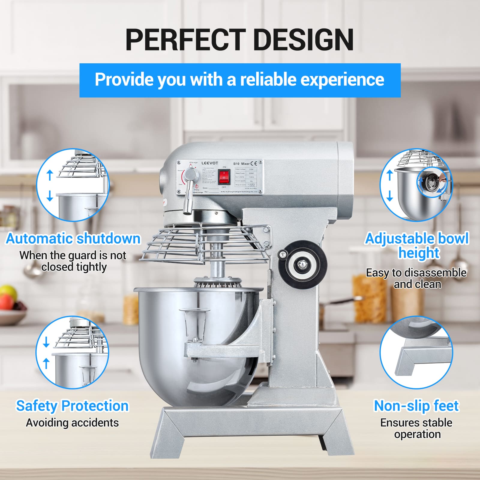 Leevot 10L Commercial Stand Mixer - Versatile Operation with Guard & Standard Accessories