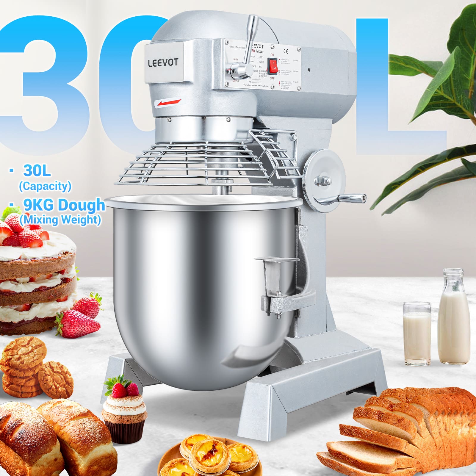 Leevot Main Street Equipment 30L Planetary Floor Mixer - Precision Timing, 1250W Power, Heavy Duty Electric Mixer for Bakery Pizzeria