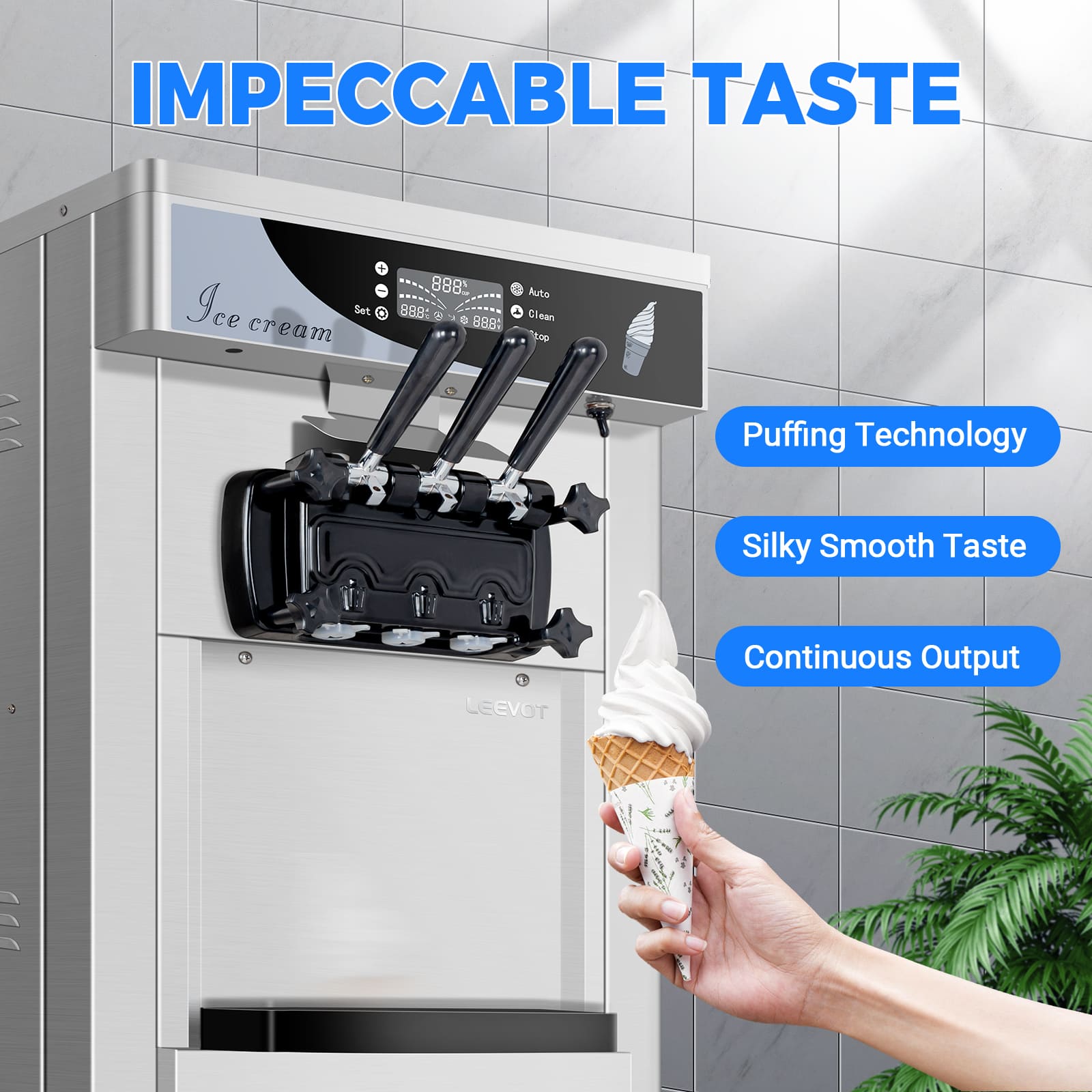 LEEVOT Commercial Soft Serve Ice Cream Machine - Floor Model, 3 Flavors, 2 *6L Hoppers, 3 Dispensers for Restaurants and Snack Bars