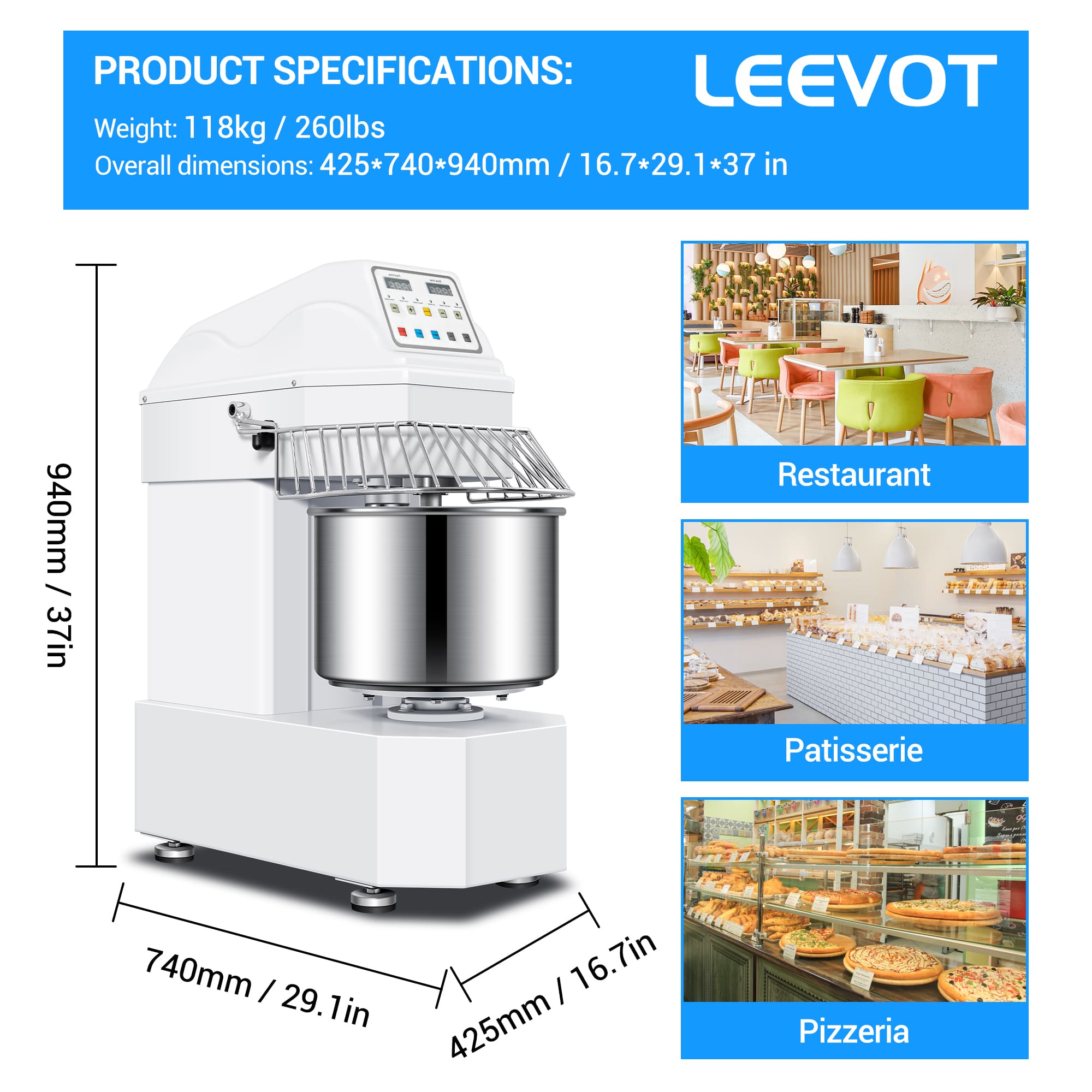 Commercial 30L Spiral Dough Mixer with 2-Speed Motor and Auto-Stop Safety Feature – Ideal for Pizza, Bread, and Cookie Dough