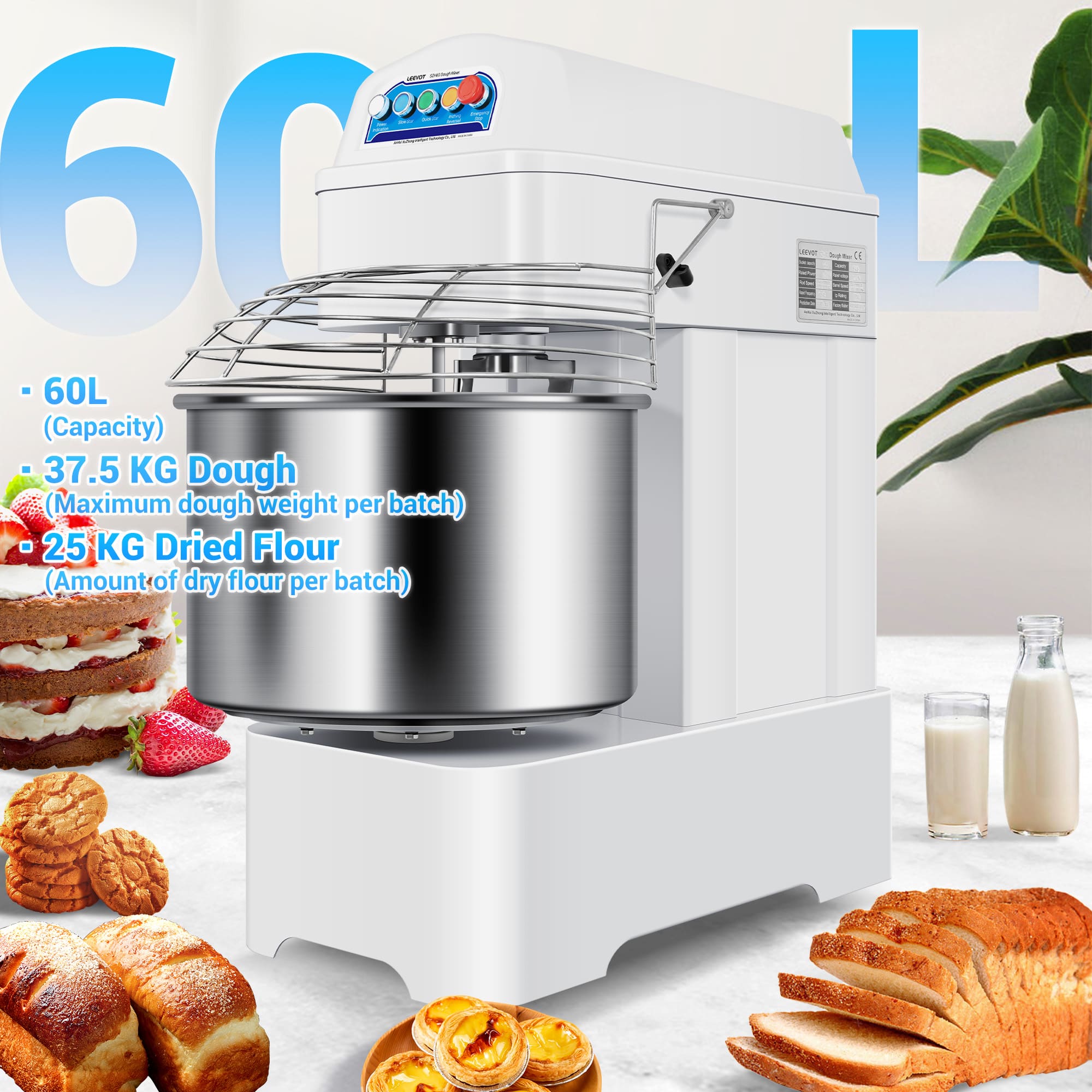 Leevot 60L Professional Spiral Mixer – High Capacity, Dual Rotation, and Advanced Safety for Kitchens and Bakeries