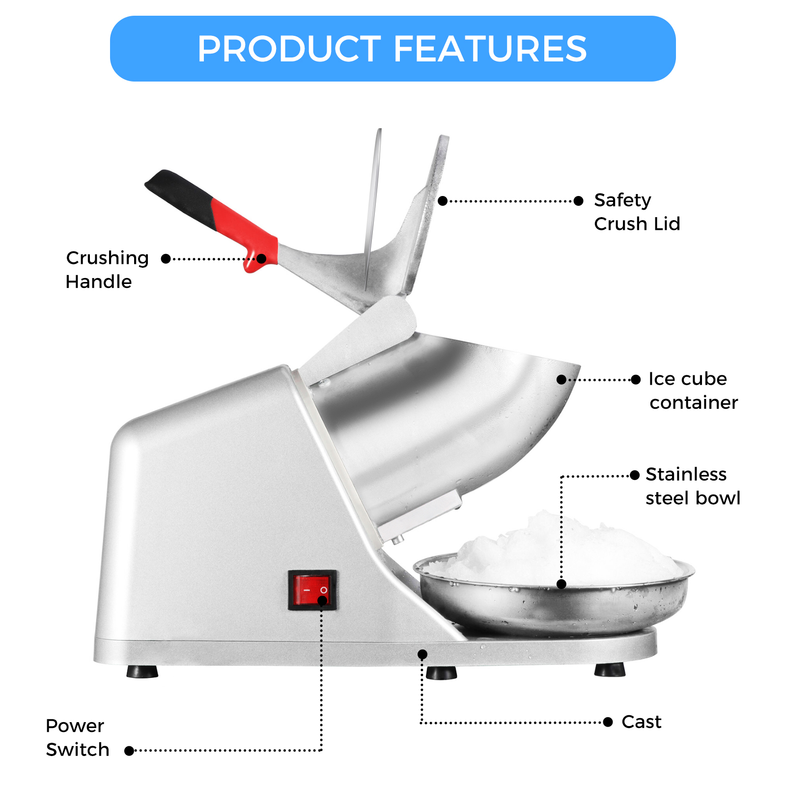 LEEVOT High-Capacity Snow Cone Machine - Ice Crusher 85 kg/h with 2200 RPM Motor, Advanced Safety, and Sturdy Stainless Steel Design