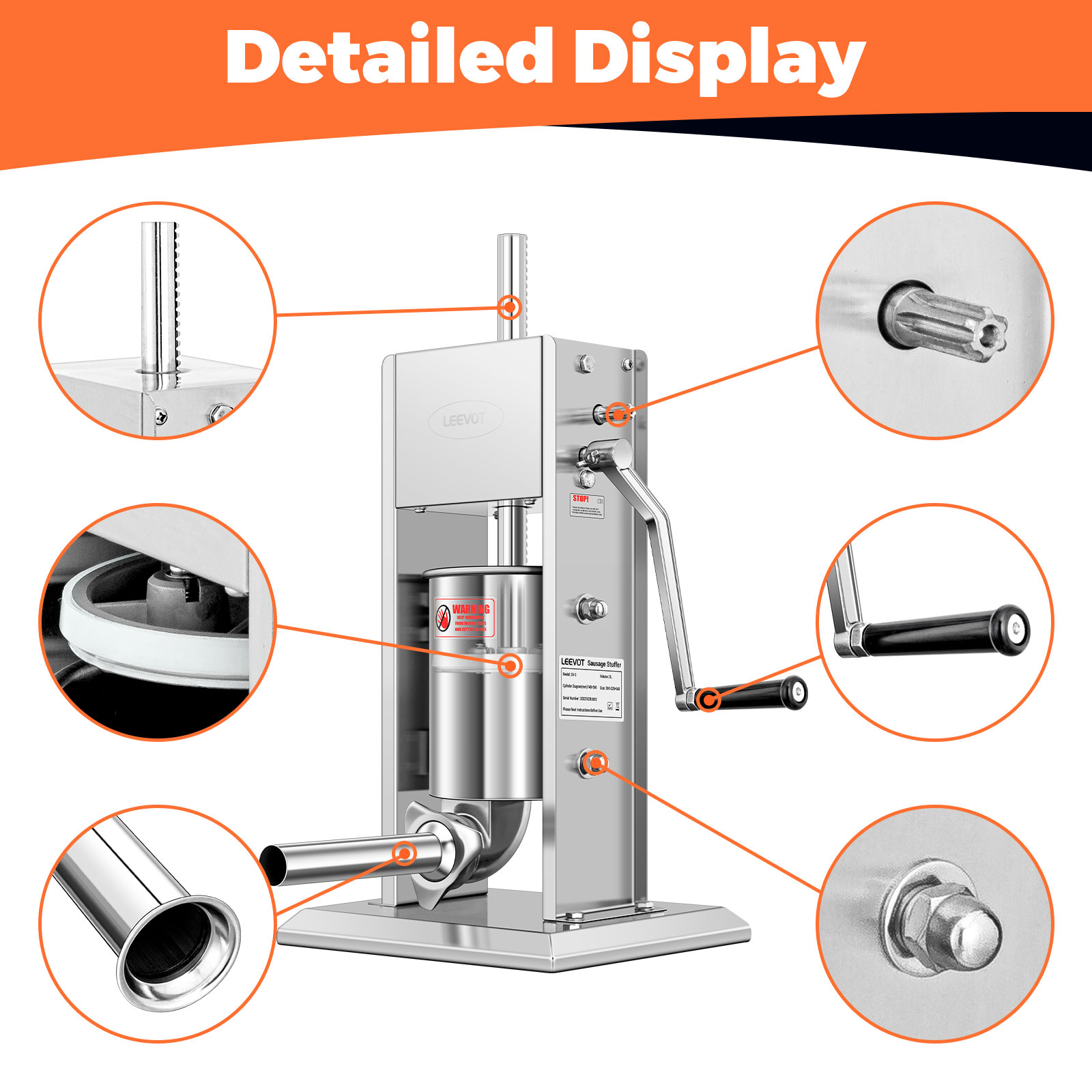 Leevot 3 Liters Vertical Manual Sausage Stuffer - Stainless Steel, 2 Speeds, 4 Filling Tubes