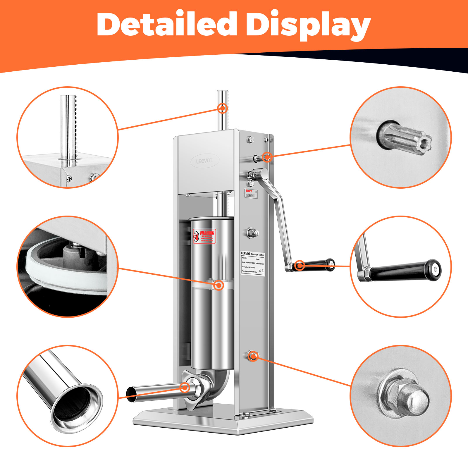 Leevot 5 Liters Vertical Manual Sausage Stuffer - Stainless Steel, 2 Speeds, 4 Filling Tubes