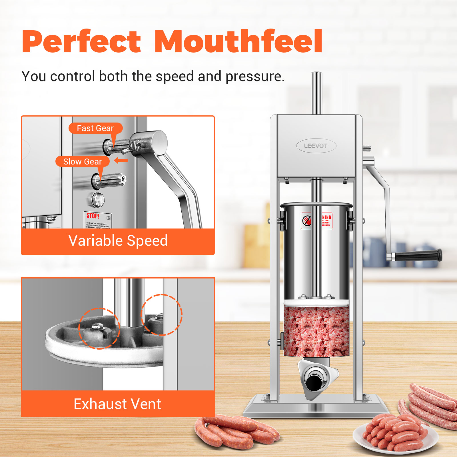 Leevot 5 Liters Vertical Manual Sausage Stuffer - Stainless Steel, 2 Speeds, 4 Filling Tubes