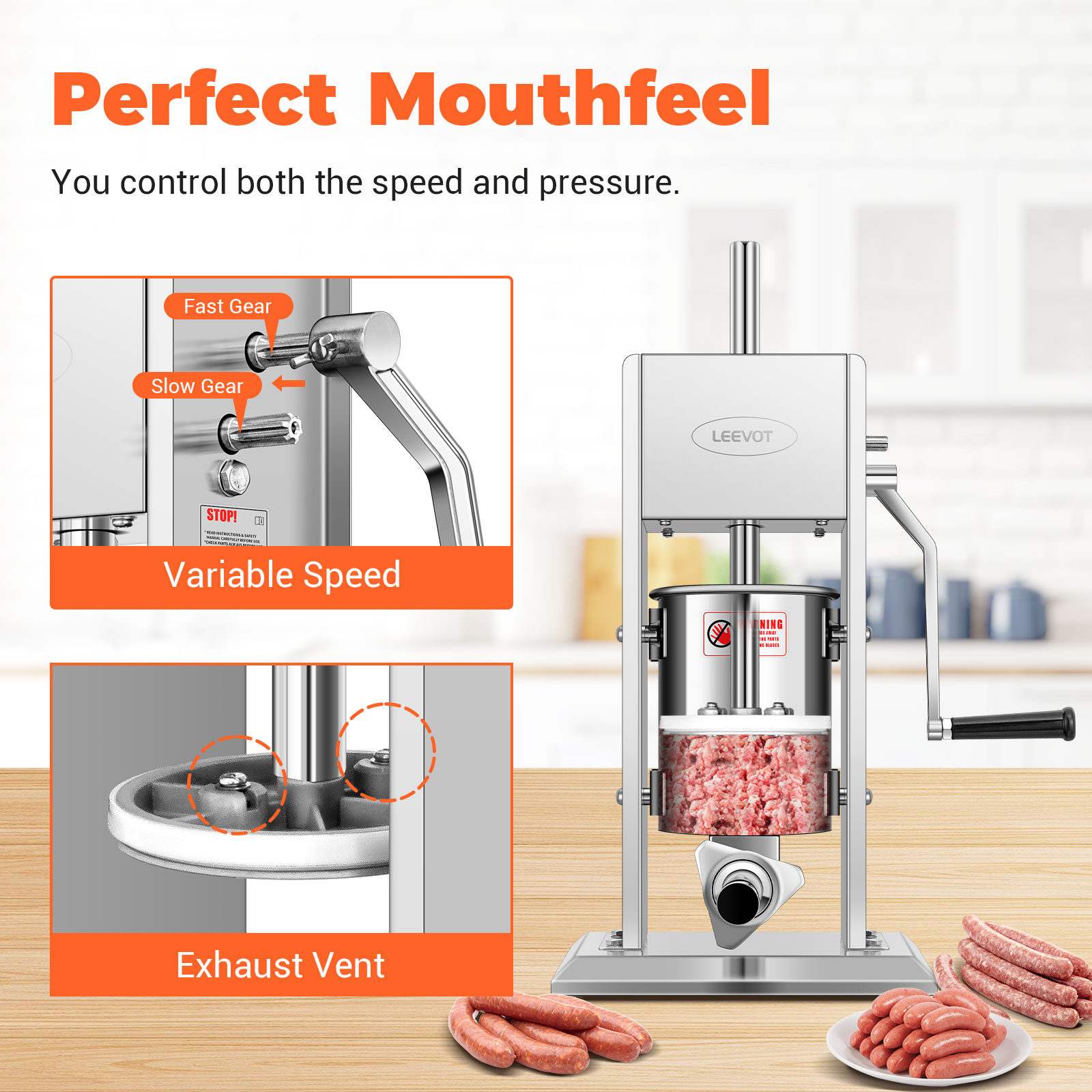 Leevot 3 Liters Vertical Manual Sausage Stuffer - Stainless Steel, 2 Speeds, 4 Filling Tubes