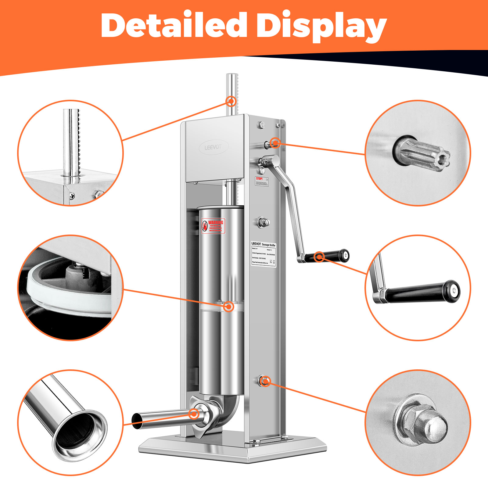 Leevot 7 Liters Vertical Manual Sausage Stuffer - Stainless Steel, 2 Speeds, 4 Filling Tubes