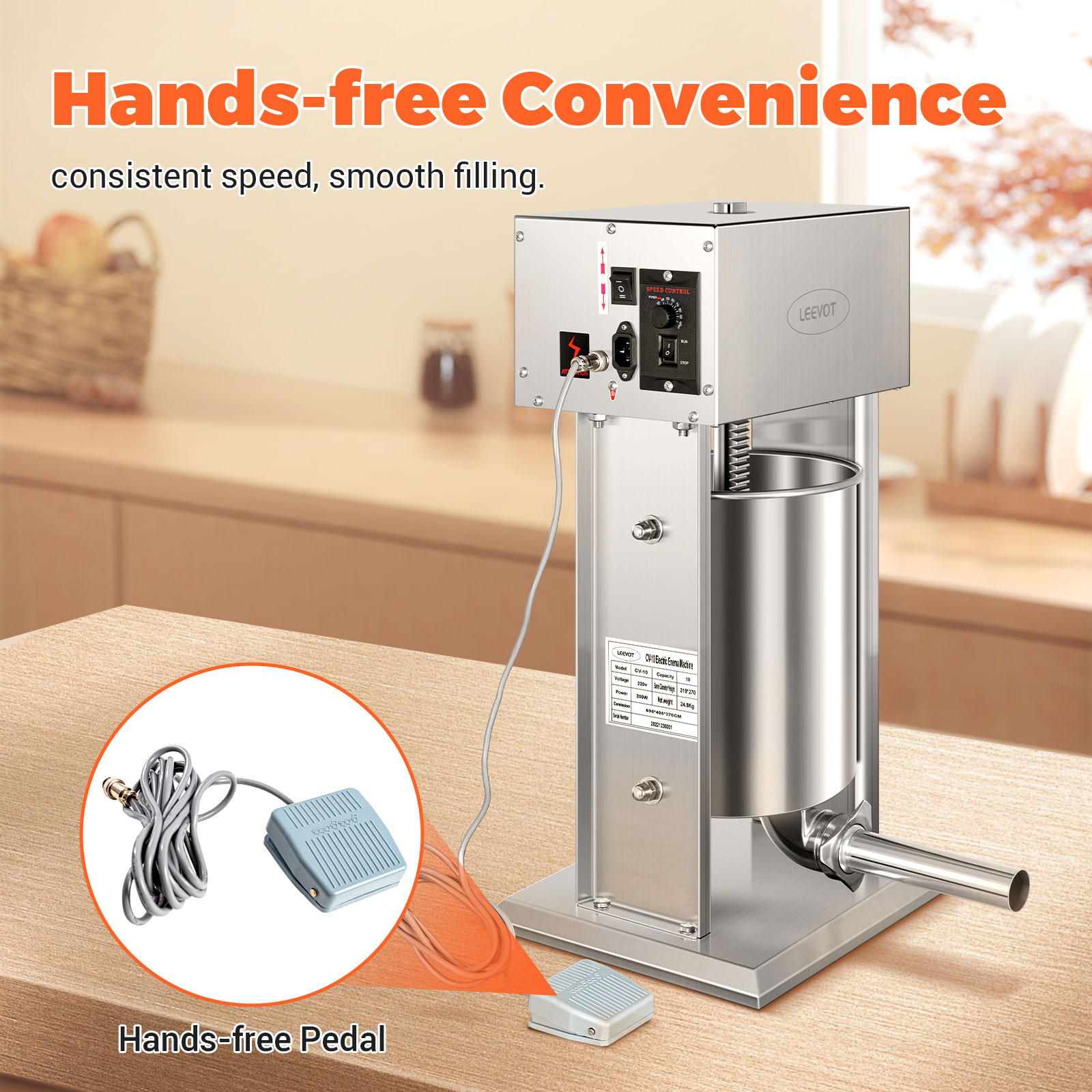 Leevot Electric Sausage Stuffer, 9 Speeds, 10L, Vertical, Stainless Steel with 4 Tubes, Home and Commercial Use