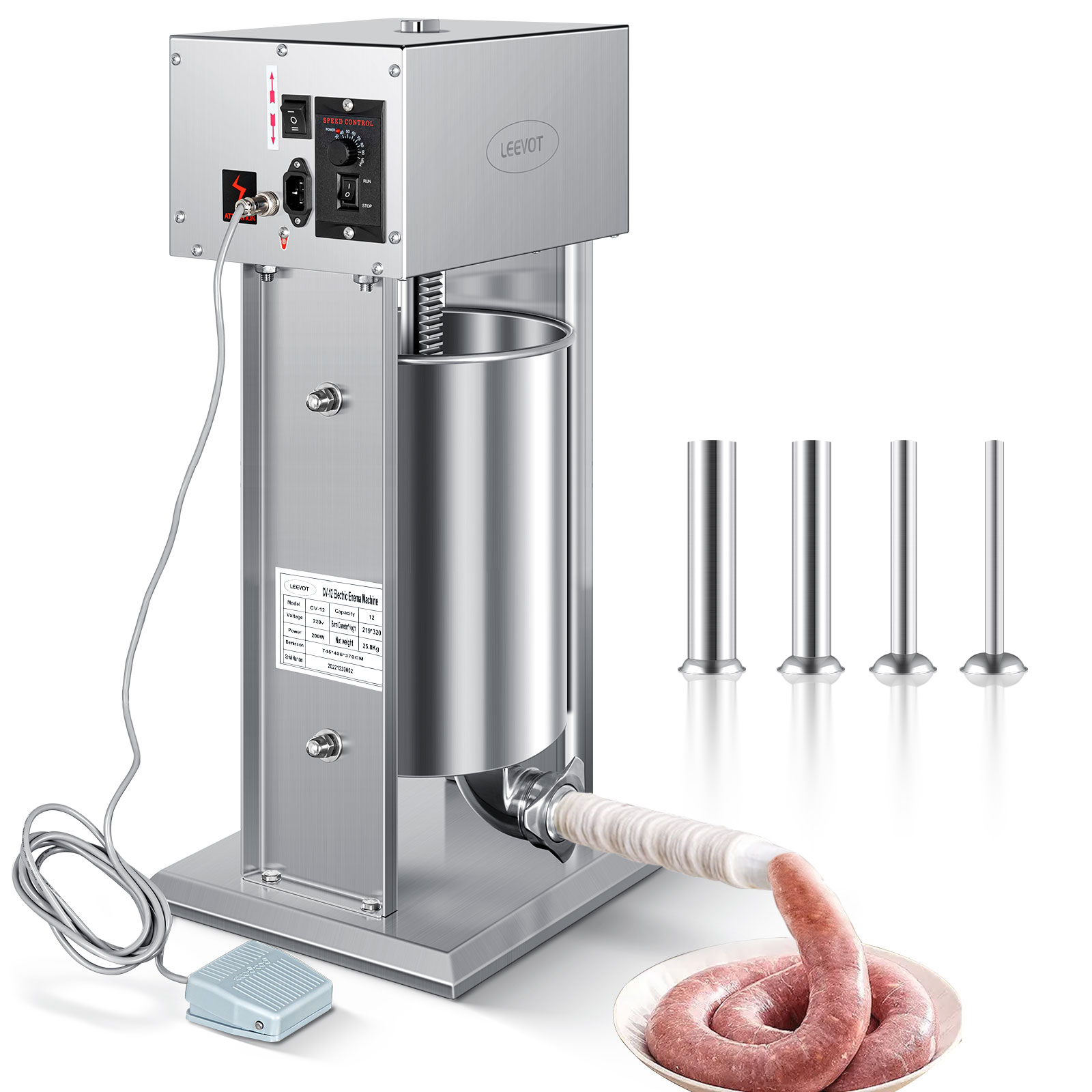 Leevot Electric Sausage Stuffer, 9 Speeds, 12L, Vertical, Stainless Steel with 4 Tubes, Home and Commercial Use