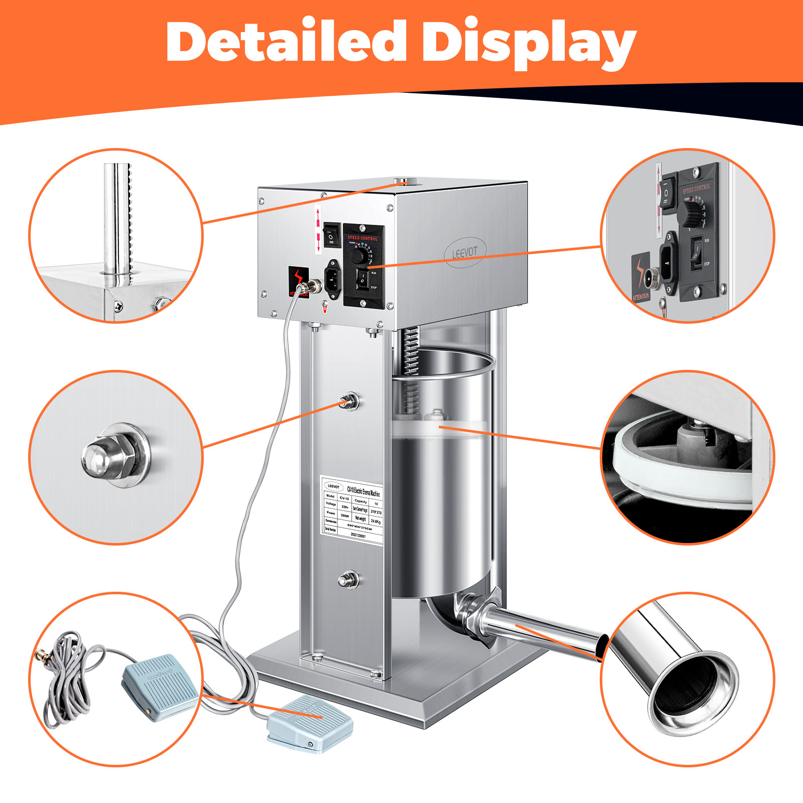Leevot Electric Sausage Stuffer, 9 Speeds, 10L, Vertical, Stainless Steel with 4 Tubes, Home and Commercial Use