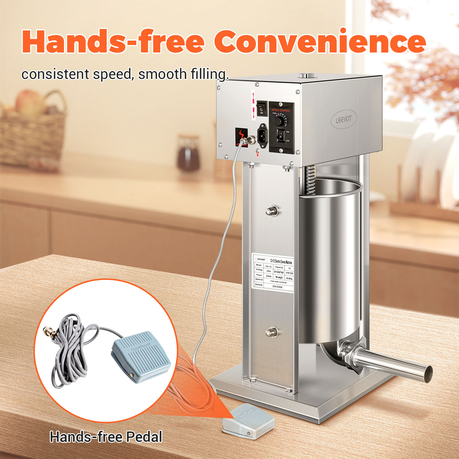 Leevot Electric Sausage Stuffer, 9 Speeds, 12L, Vertical, Stainless Steel with 4 Tubes, Home and Commercial Use