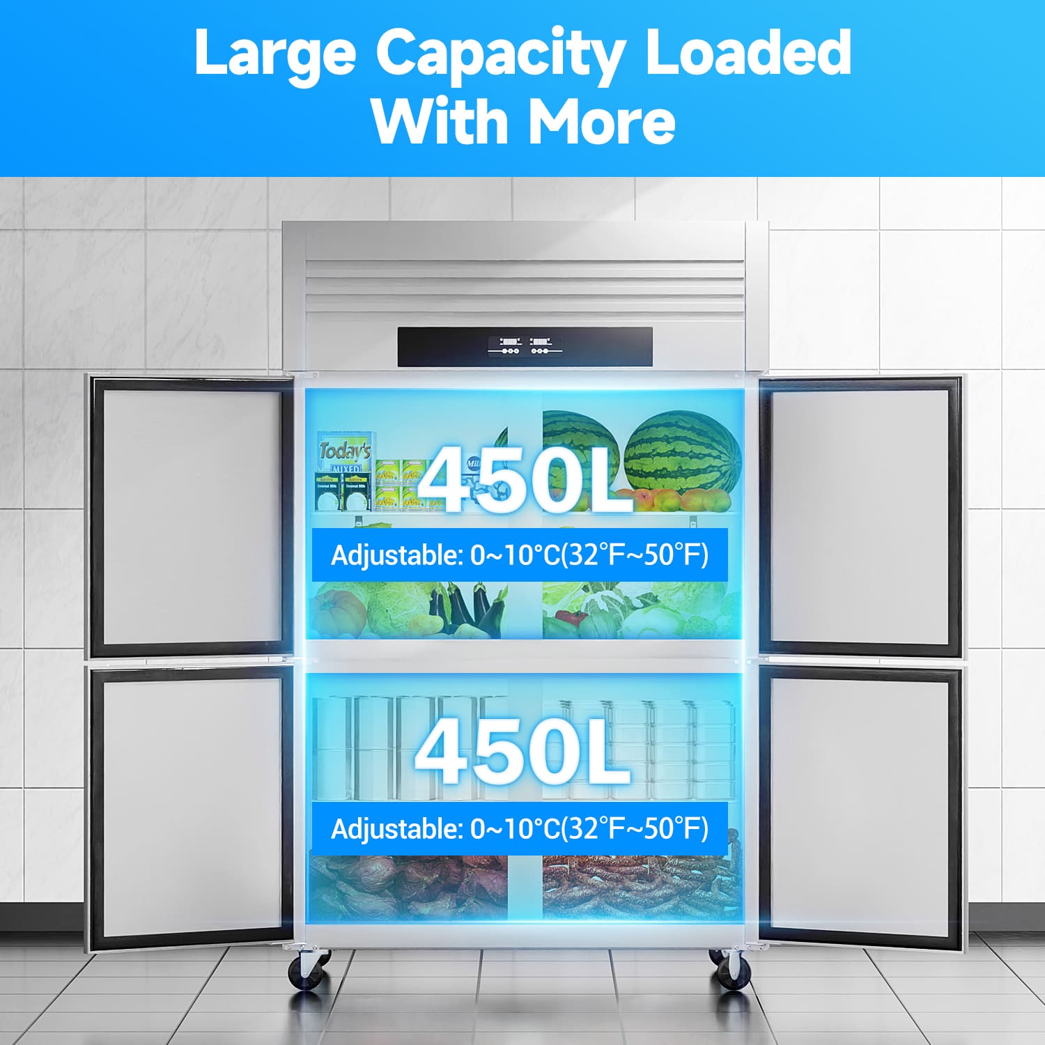 900L Commercial Solid Door Reach-In Freezer, 300W Upright Chiller, 220V Stainless Steel Refrigeration Cabinet for Fresh Food Storage.